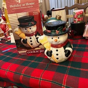 Festive Snowman Cookie Jar with Black Hat and Green Accents